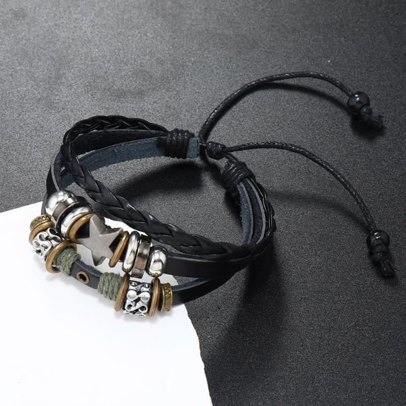 Multi Layer Leather Bracelet Adjustable Star Beaded Bangle for Women Men