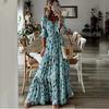 Amazon TEMU summer new European and American women's clothing temperament vacation V-neck printing big pendulum long dress gray