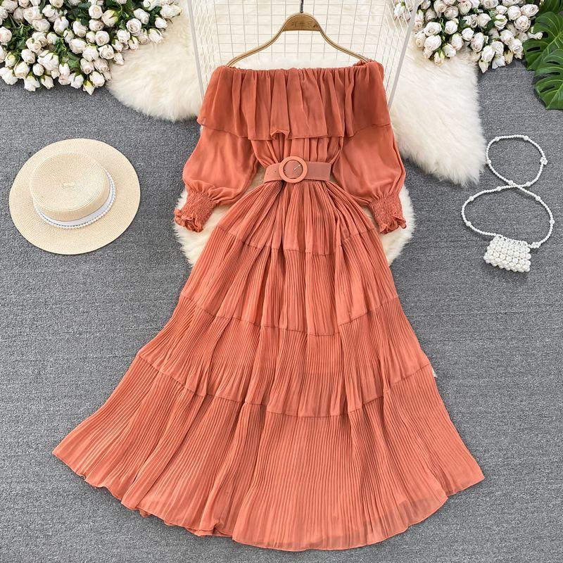 

Off-the-Shoulder Retro Waist-Controlled A- line Pleated Elegance Dress Orange One size