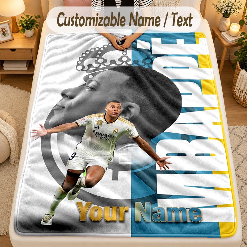Flannel BlanketKylian Mbappe Custom Name Text Personalized Soft Warm Throw Blanket Home Decor Gift