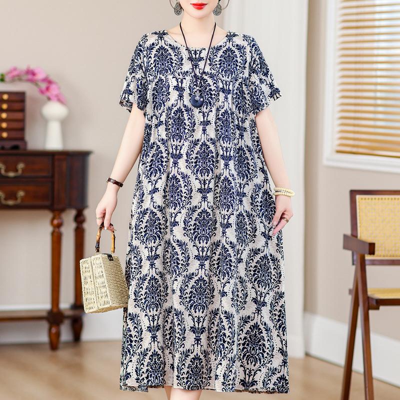 Plus Size Loose Vintage Print Langes Kleid für Damen Lässige Kurzarm-Sommer-Damenkleider