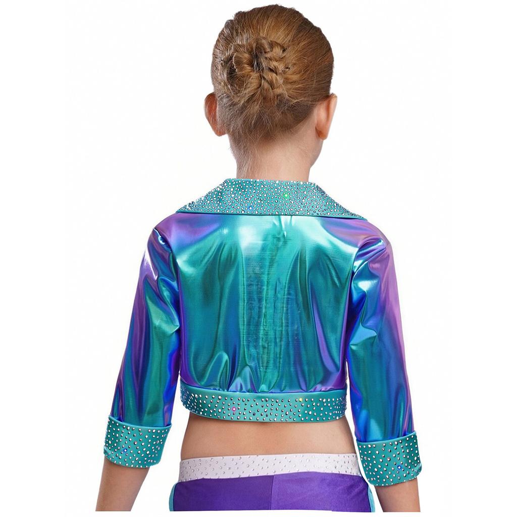 Mädchen Reverskragen Langarm Glänzende Strasssteine Metallische Jacke Jazz Dance Oberbekleidung