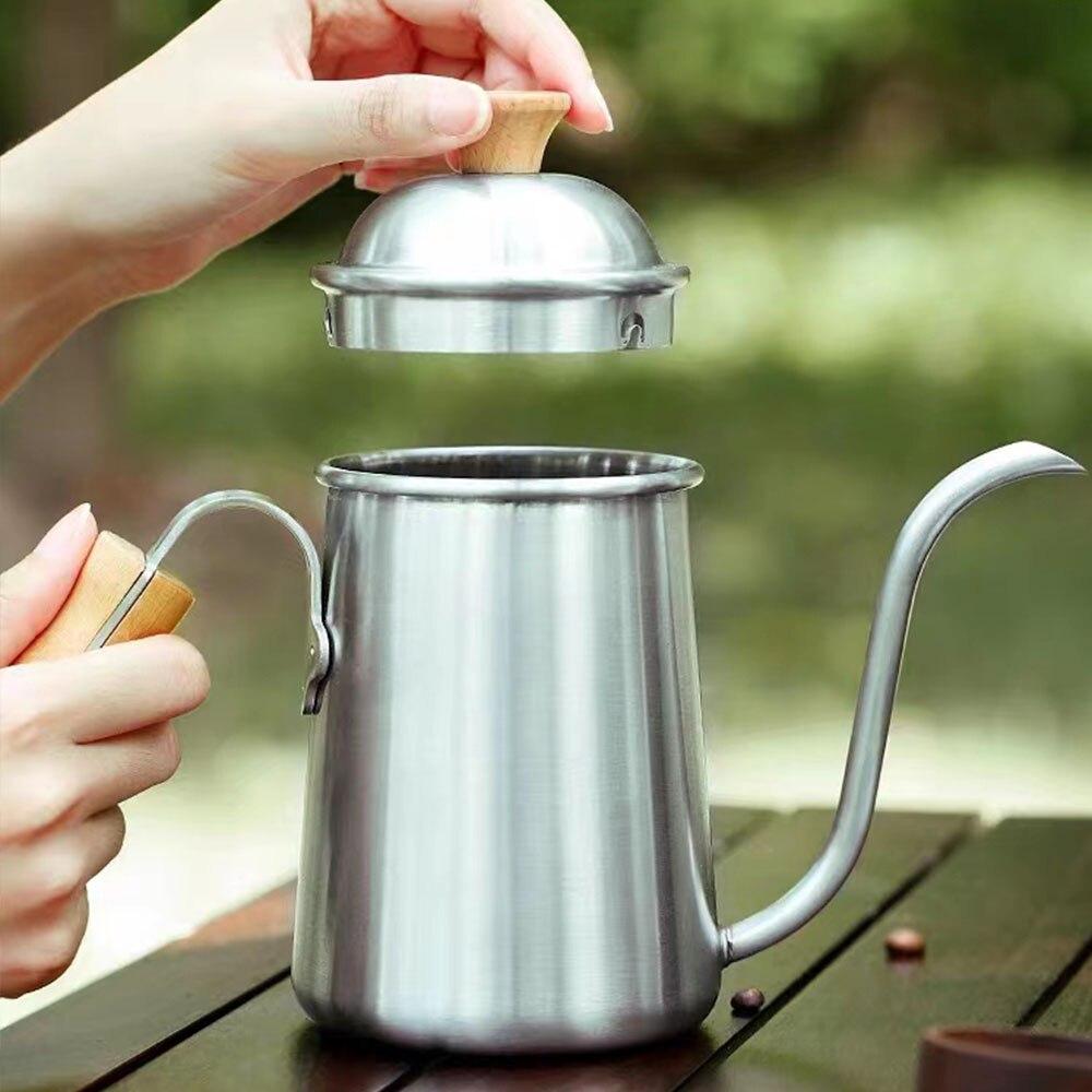 Outdoor Coffee Pot Stainless Tea Kettle Camping Tableware Wooden Handle 650ml Coffee Kettle Tea Pot Filter Cup Bean Grinder