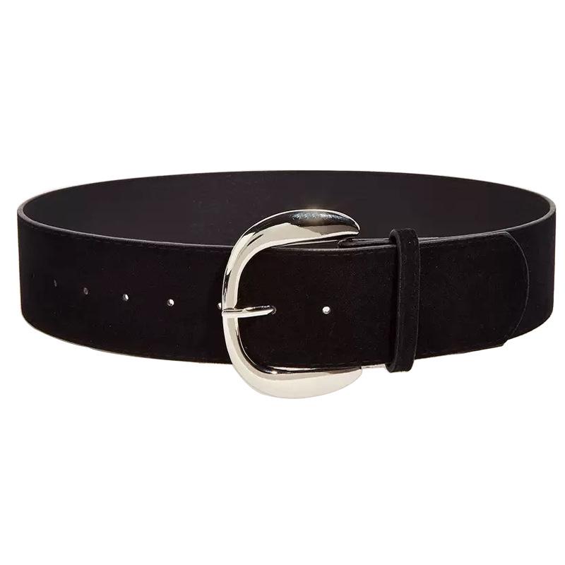 Nowy Uniwersalny Czarny Zamszowy Pasek Damski z Retro Klamrą Iglicową