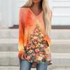 Ladies' Fashionable Casual Christmas Printed T-shirt Long Sleeved V-neck Mid Length Top