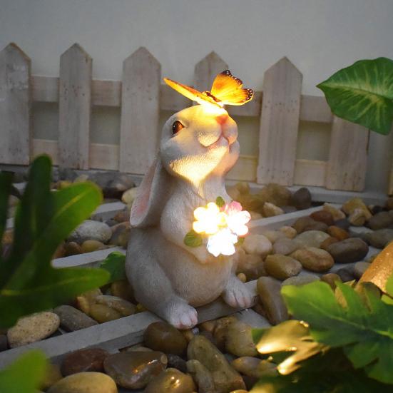 Outdoor Solar Rabbit Statue with LED Light Garden Waterproof Resin Butterfly Bunny Figurine Patio Yard Lawn Easter Decoration Ornament