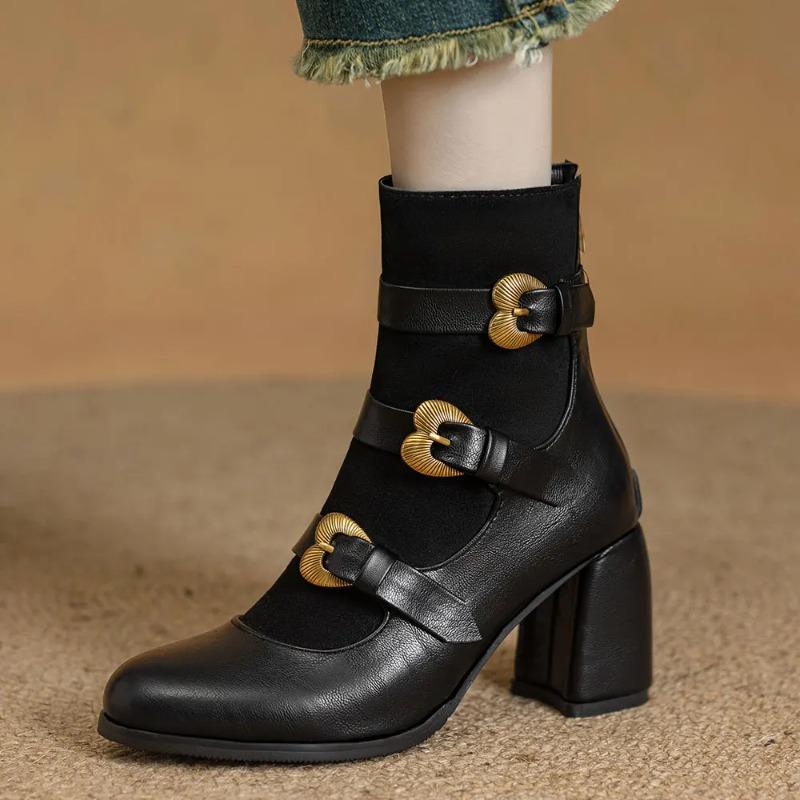 Plus Size 33-52 Women's Retro Black Ankle Boots Modern Lady Boots Block High Heels Belt Buckle Straps Office Lady Shoes