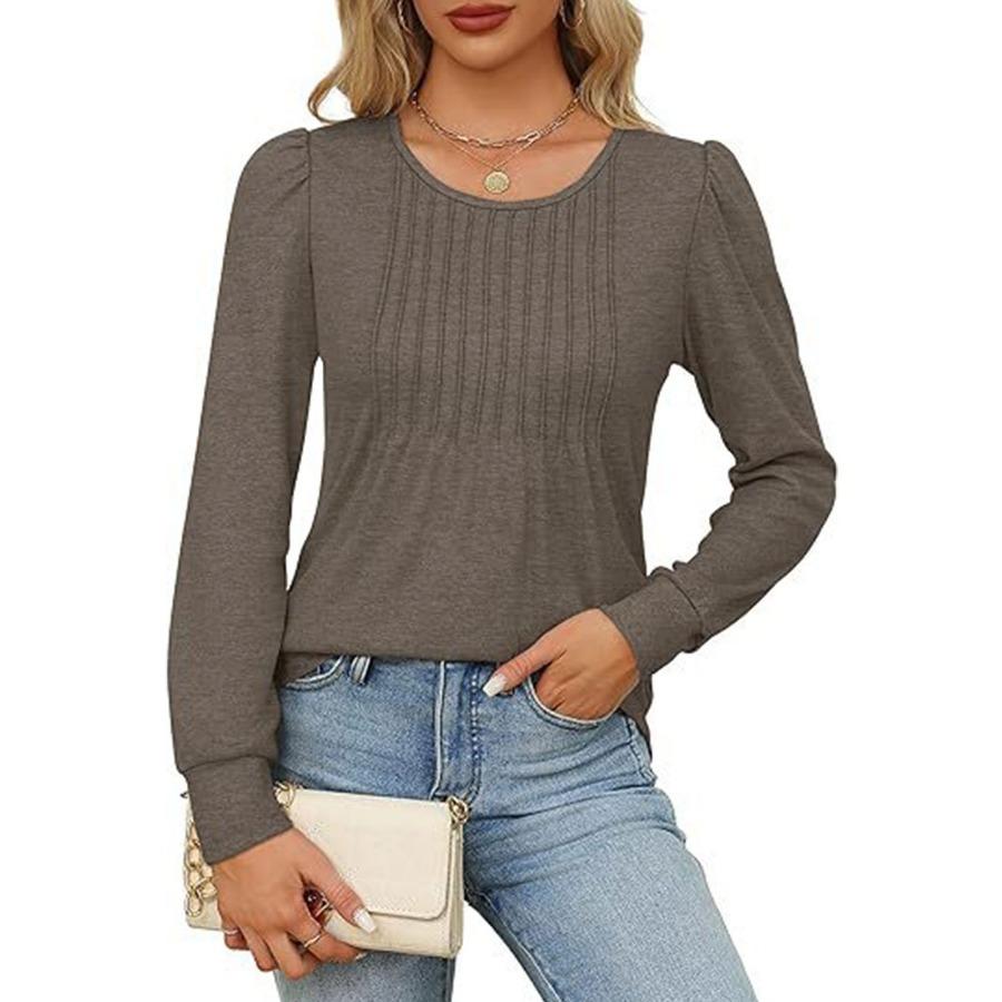 Maglietta a maniche lunghe da donna autunnali, alla moda, casual, plissettata, con scollo rotondo basso, abbigliamento da donna