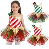 Girls Carnival Cosplay Costume Asymmetrical Shoulder Sleeveless Stripes Print Sequins Adorned Mesh Dress Bodysuit