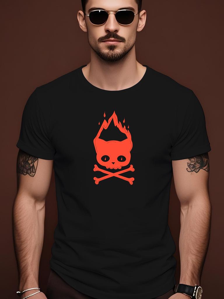 Hand-Drawn Kitty on Fire Burning Skull Trendy Streetwear ...