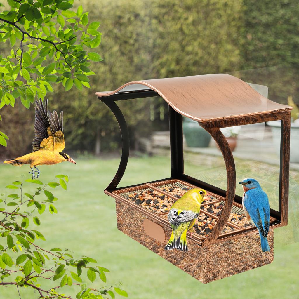 Mangiatoia per Uccelli Tipo Finestra in Ferro Impermeabile Dispenser Cibo per Pappagalli con Gancio Ventosa Articoli per Animali Domestici per Decorazione Giardino Esterno