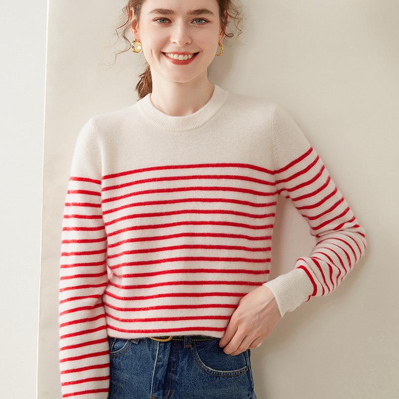 Women's Black & White Striped Round Neck Cashmere Sweater - New Autumn/Winter Style, Long-Sleeved, Color-Block Knit, Regular Fit.