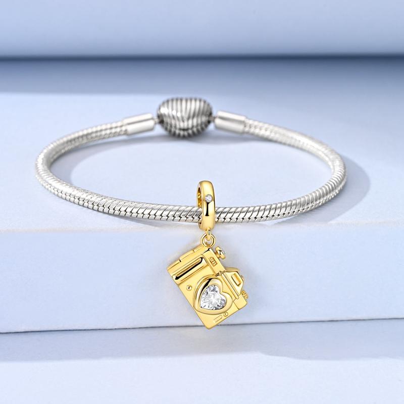 Original 925 Sterling Silver Charms Golden Camera Suitcase Airplane Pendant Fit Original Bracelet For Women DIY Jewelry Gift