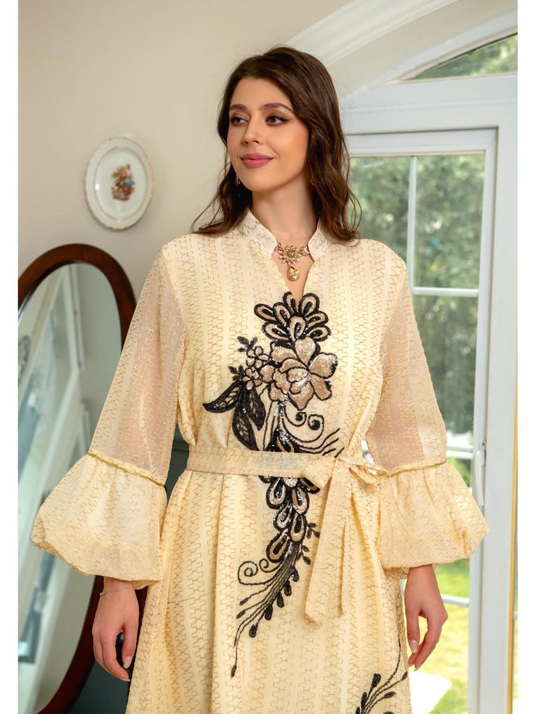 AB268 Sequined Embroidery Kaftan: Elegant Long Dress for Women