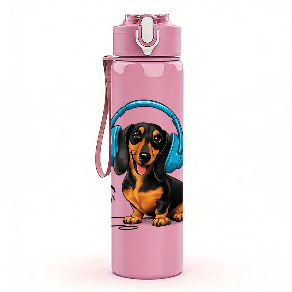 1PC Dog With Headphones Music Print 750ml Color Plastic Sports Water Bottle Leakproof Flip Straw Lid Suitable for Sports Office Home Use