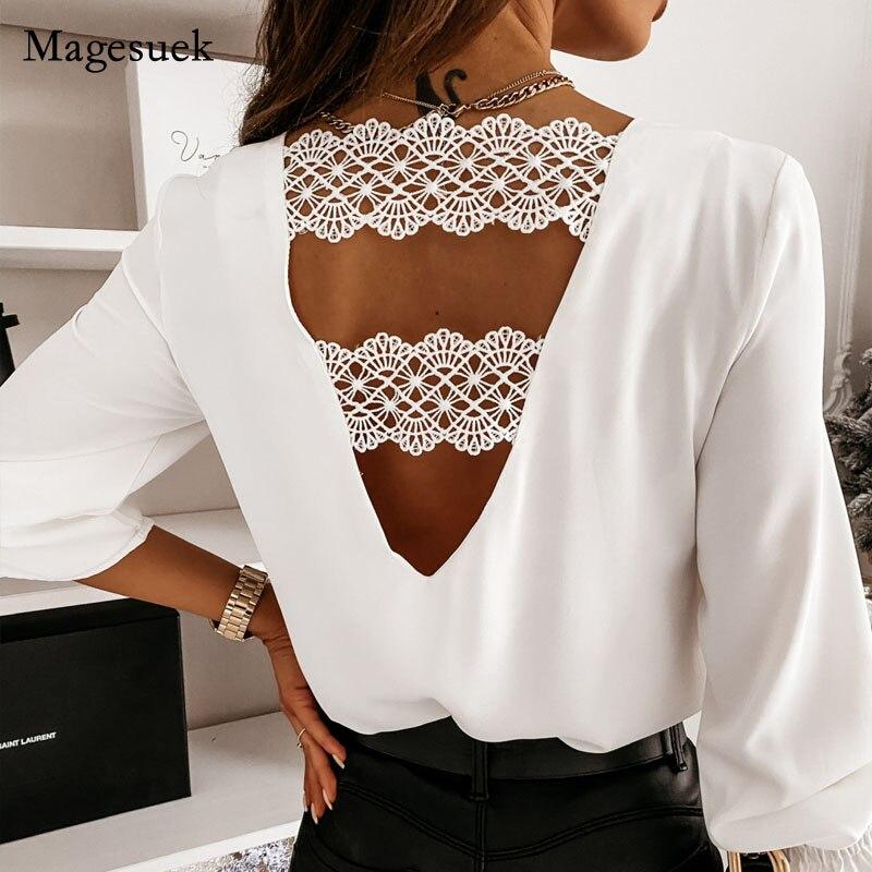 Fashion Sexy V-neck Back Lace Stitching White Blouse V-shaped Hollow Chic Elegant Autumn and Winter Long-sleeved Shirt New Tops 12460