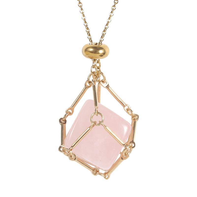 Handcrafted Square Crystal Pendant Necklace With Flexible Bamboo Link Chain And Secure Mesh Cage Setting For Elegant Occasions