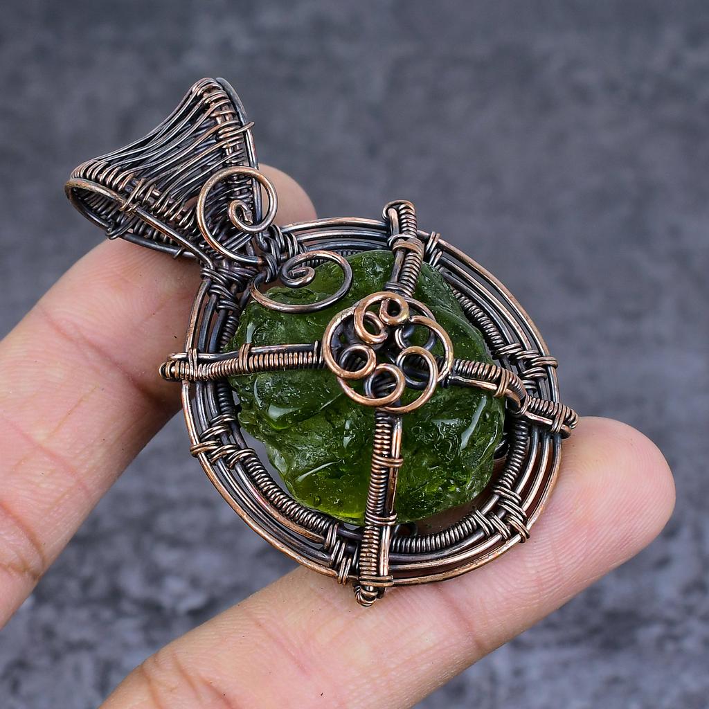Natural Moldavite Quartz Gemstone Copper Wire Wrap Jewelry Pendant 2.44" M8r02