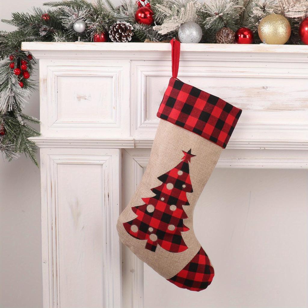 1 buc Ciorap de Crăciun roșu și negru în carouri, In imitație de in, Aplicație, Broderie, Cadou de Crăciun