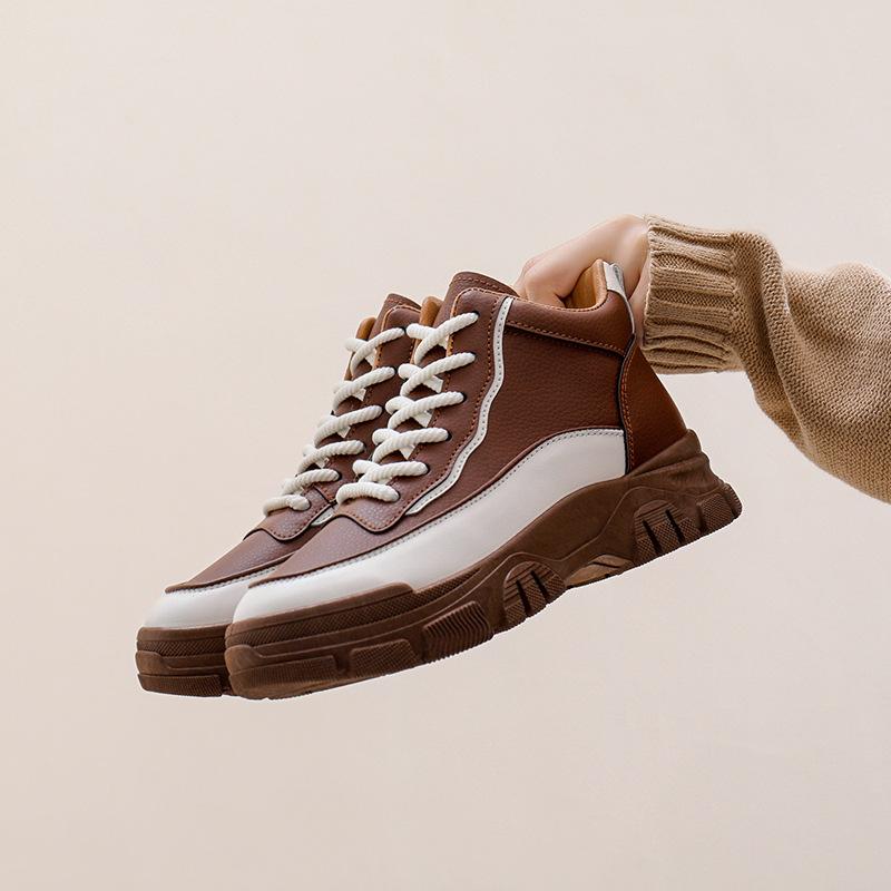 Повседневные женские ботильоны на толстой платформе, осенние, нескользящие, со шнуровкой, короткие спортивные ботинки, прогулочная обувь из искусственной кожи, удобные женские кроссовки с высоким берцем 35