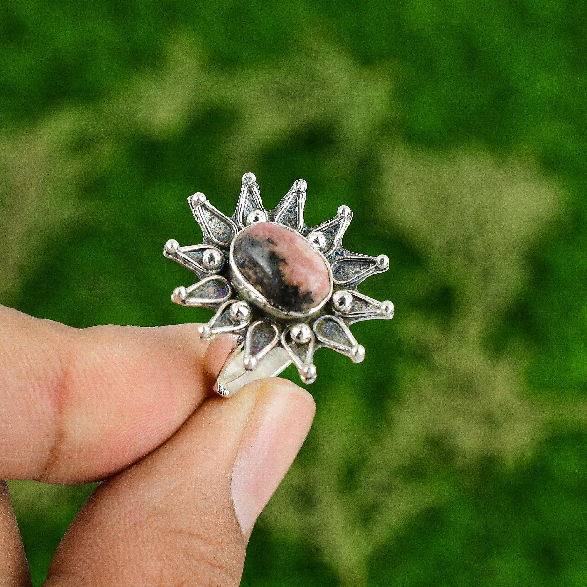 

Mothers day Deal Sterling Silver Oval Natural Rhodonite Multi Stone Flower Ring Adjustable
