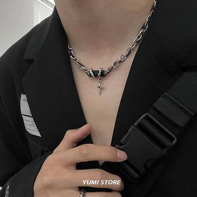 Titanium Steel Cross Star Necklace For Men Women Hip Hop Splice Black Zircon Pendant Sweater Chain Jewelry New Kpop Accessories