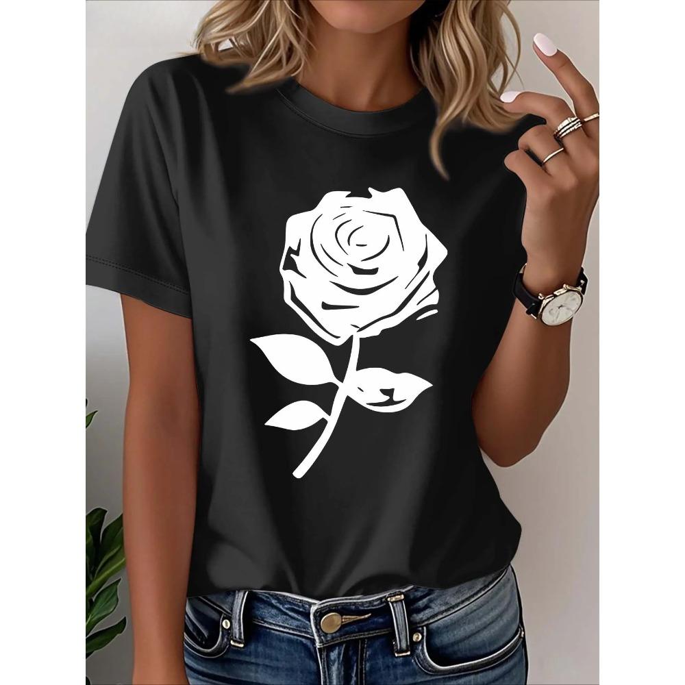 New Women's T-shirt Black Rose Graphic Printed Casual Fashion Short Sleeve T-shirt Soft Comfortable Summer Women Clothing