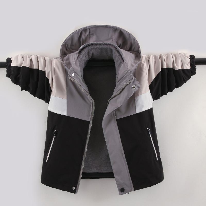 Boys' 3-in-1 Detachable Windproof Thick Warm Hardshell Autumn and Winter Children's Casual Hooded Coat