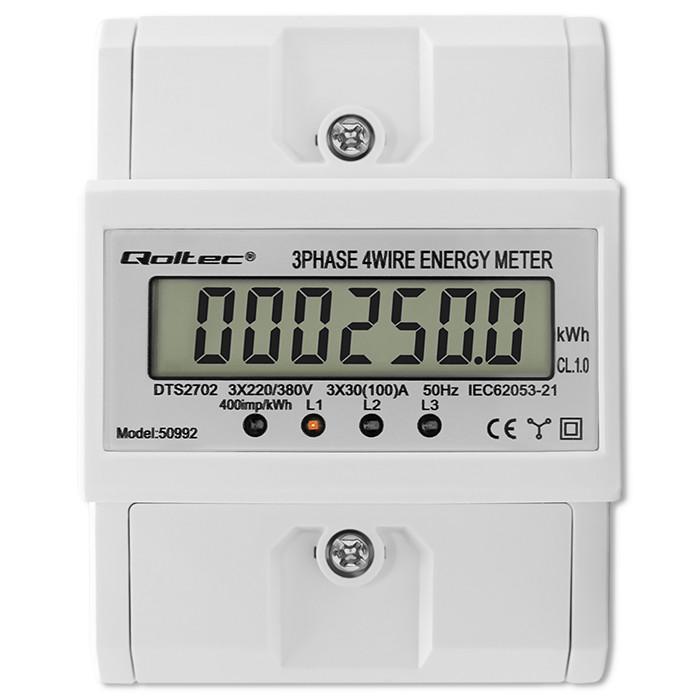 Qoltec Dreiphasen-bidirektionales elektronisches Messgerät | Energiezähler für Hutschiene | 400V | 100A | LCD | 4P