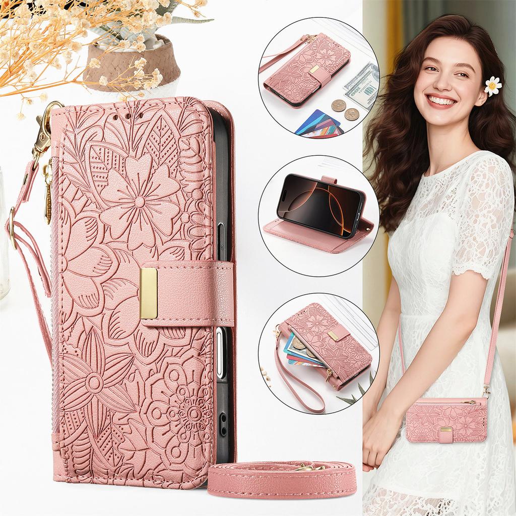 Floral Leather Wallet Case for Samsung Galaxy A05-A71 / S24-S25 series...with Detachable Shoulder Strap