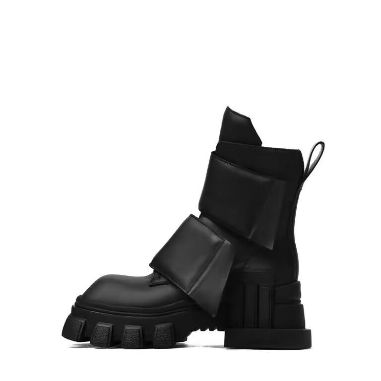 Fashion NEW Women Motorcycle Chunky Platform Boots Luxury Square head Mid-Calf Lace Up Bandage Winter Boots Casual Black Ankle Boots
