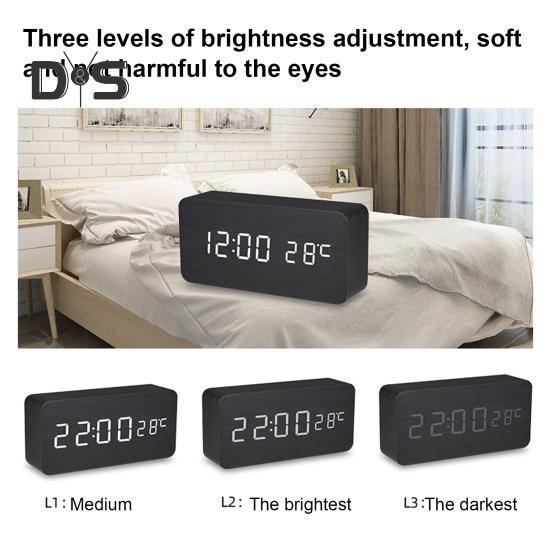 Dřevěný budík s velkým LED displejem Snadno čitelný Stmívatelný Odložení Digitální budík s ukazatelem teploty