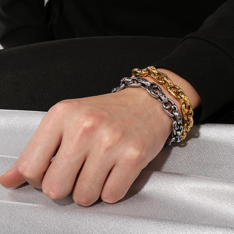 Stainless Steel Men's Bracelet Women Chunky Polished Round Chain Bracelet Gold Color Special Wave Pattern Trendy Party Jewelry