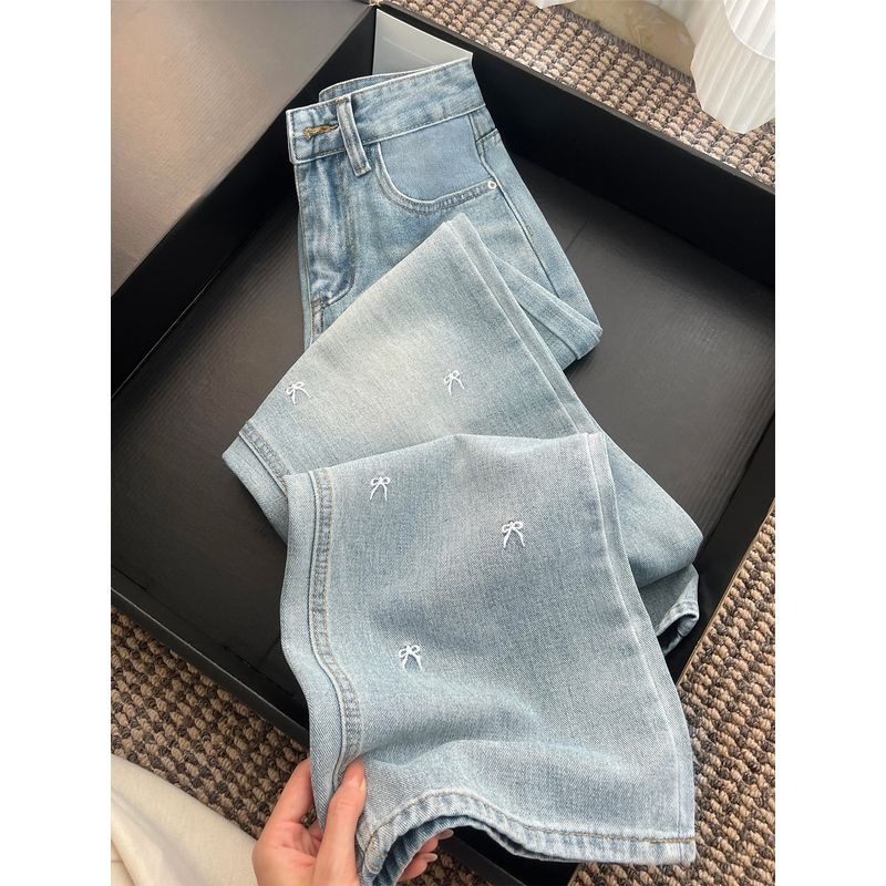 Light Blue Tencel Embroidery Jeans Women Summer Thin Fat Girl mm High Waist Loose Slimming Ice Silk Wide Leg Pants Blue Denim Fabric S(Suggestion 40-45kg)