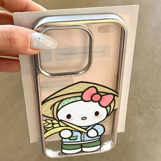Electroplated Silver Frame Transparent Case for Apple 14/13 Pro, 15/16/17 Pro Max - Rice Cat Design