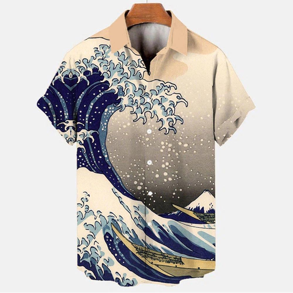 Camicia a Maniche Corte con Stampa Onda Ukiyo-e, Elegante Casual con Bottoni