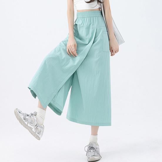 Women Cargo Pants Elastic High Waist Wide-Leg Skirt Pants with Pockets Solid Color Summer Thin Leisure Trousers