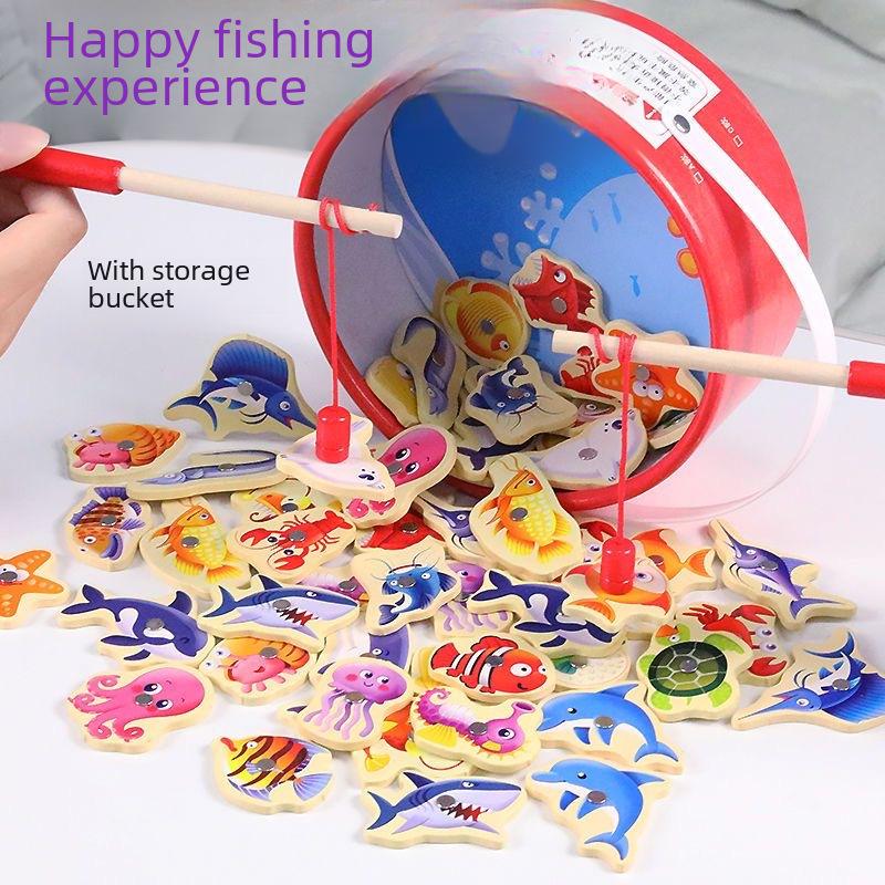 Double-Sided Wooden Magnetic Fishing Toy for Toddlers – Educational Ocean-Themed Bucket with Intelligence-Car Feature