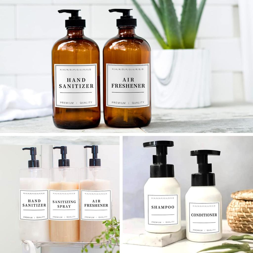 16 PCS Waterproof Labels for Glass/Plastic Bottles, Bathroom/Kitchen Hand Soap Dispenser Label Stickers, Removable Cleaning Labels for Lotion,