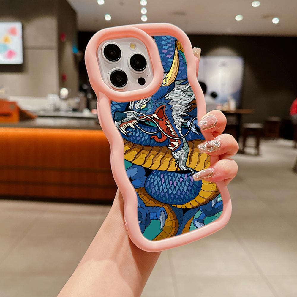 N81 Dragon design art Macaron Wavy Edge Phone Cases for iPhone 16 Pro Max Samsung S24 Plus S23 Ultra A35 A55 Xiaomi Redmi Note 13 Shockproof Cover