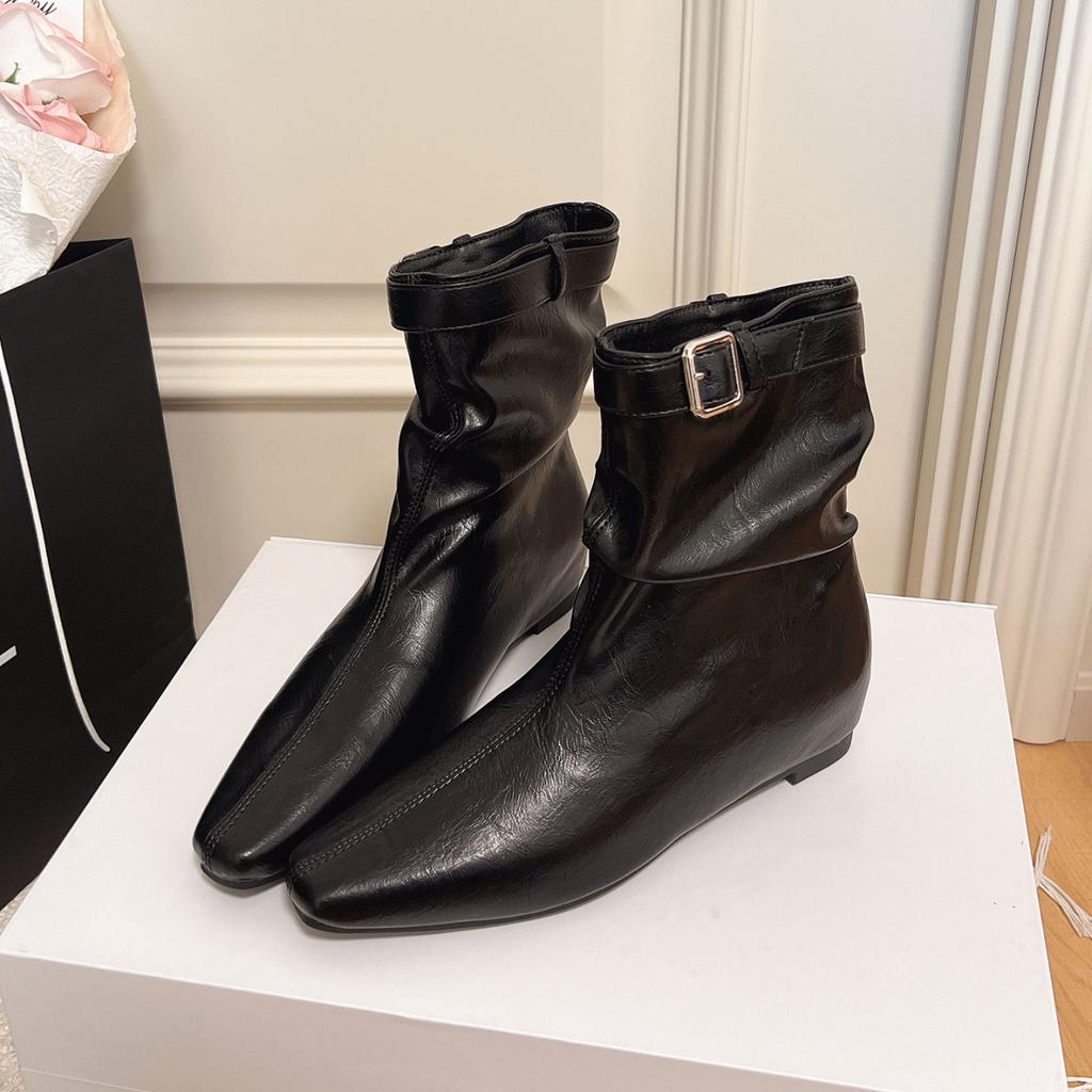 Autumn Winter Woman Thick Heel Ankle Boots Fashion Belt Buckle Pointed Toe Shoes Femmes Pleated Pipe Short Botines De Mujer