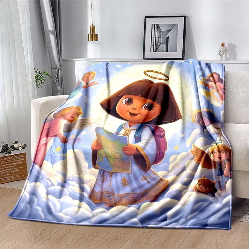 Angel Explorer Girl with Map Print Flannel Blanket, Cloudy Sky Throw Blanket