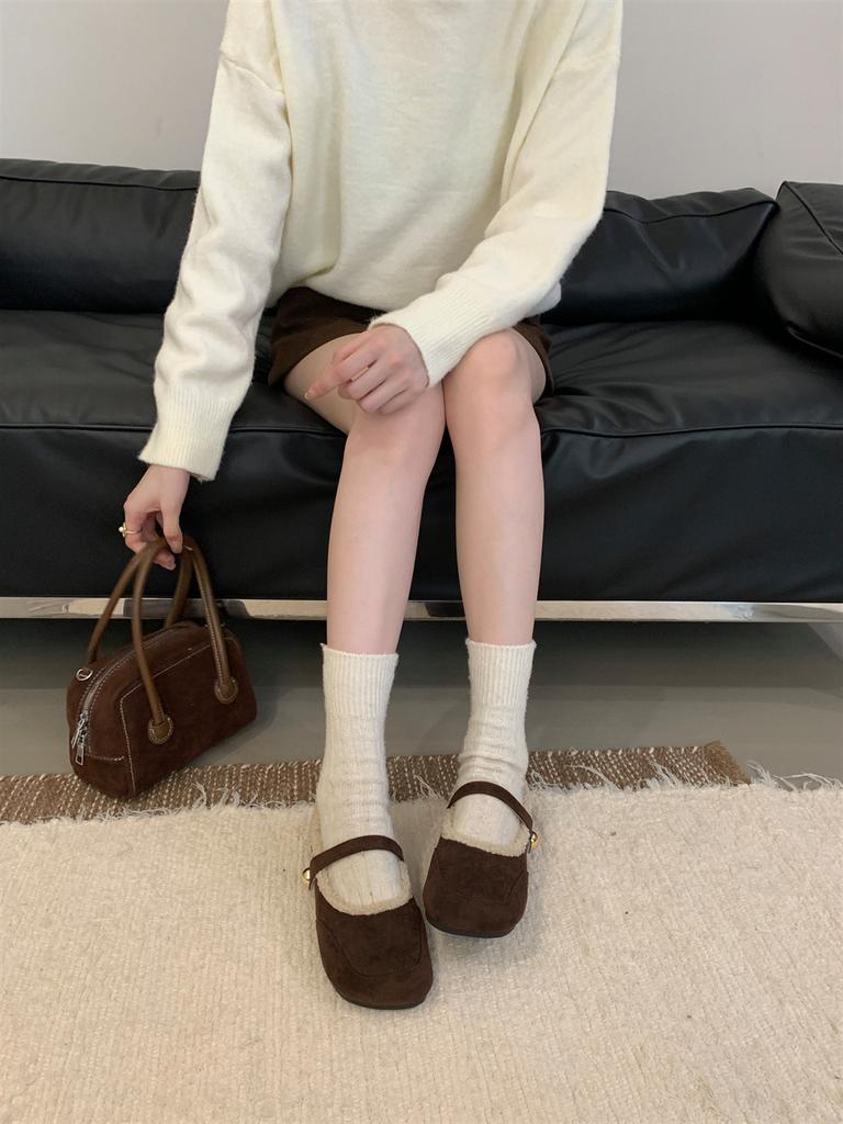 Retro Mori čtvercová špička nízký podpatek plyšové boty dámské podzimní a zimní jednoslovné semišové Mary Jane bavlněné boty