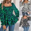 Autumn and Winter Casual Black Ear-trimmed Square Neck Leopard Print Long-sleeved Chiffon Blouse for Women
