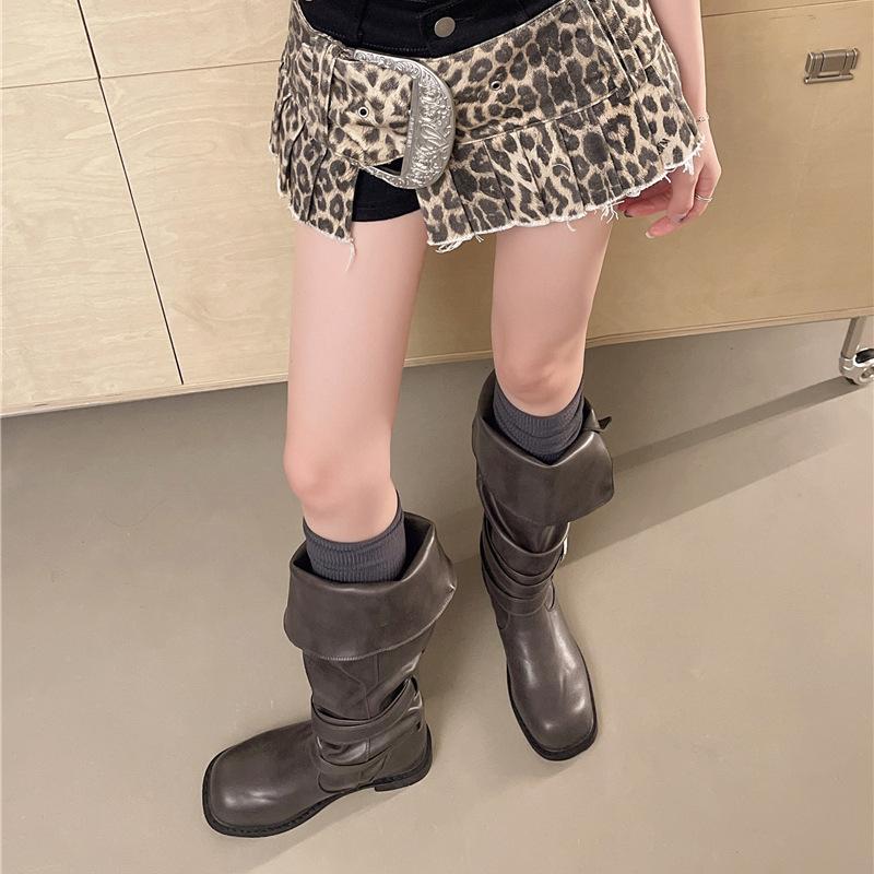 Stylish Retro Round Head Pleated Stacking Boots Foldable In Autumn And Winter Two-Wear Spice Girl Western Cowboy Boots Look Thin And Long