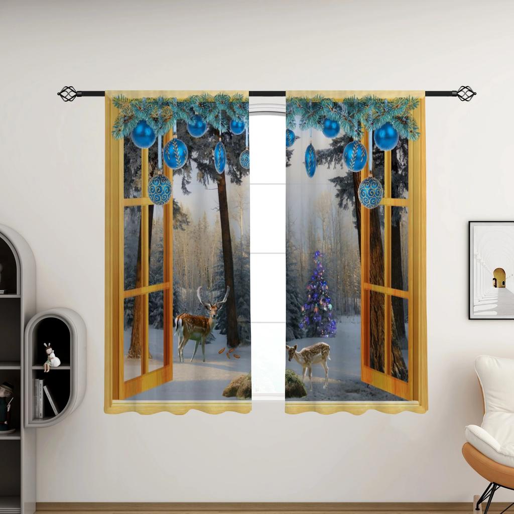 2ks Vánoční Snow Deer Tree Záclonová tyč Kapsa Ošetření oken Pro ložnici Kancelář Kuchyň Obývací pokoj Studovna Opalovací krém Home De