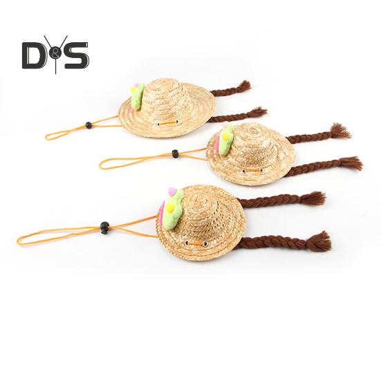 Pet Braided Hat Dog Straw Woven Hat Adjustable Pet Summer Shade Hat with Cute Frog Doll Pet Dress Up Prop Outing Headwear