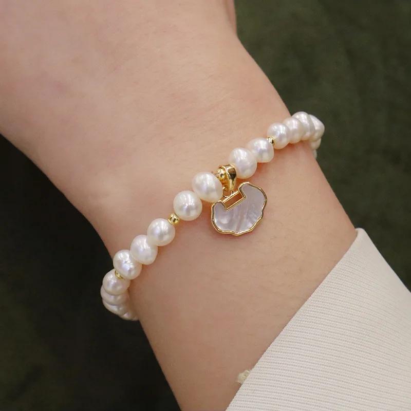 Hengsheng 4-5mm Baroque Freshwater Pearl Bracelet for Women Girls 18cm Butterfly Love Lock Charm Bracelet Jewelry Gift 2025 New 18cm