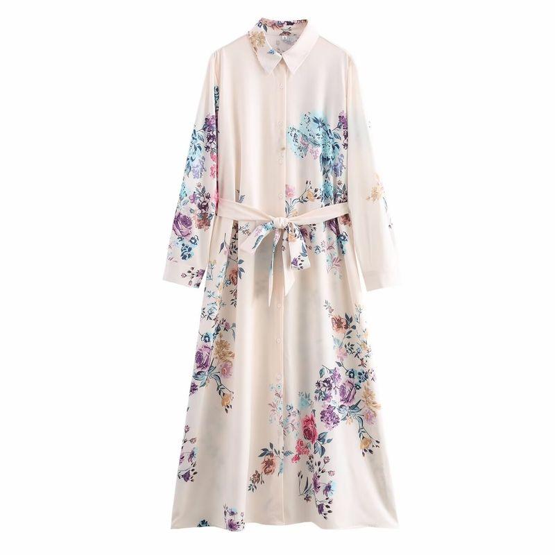 Kaslead New Arrival Women's Clothing Fashion Style Fashion Minimalist Printed Shirt with Belt Long Sleeves Dress