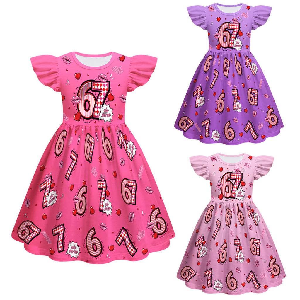82869 Kids Girls Steal a Brainrot 67 Print Ruffle Sleeveless Princess Dress